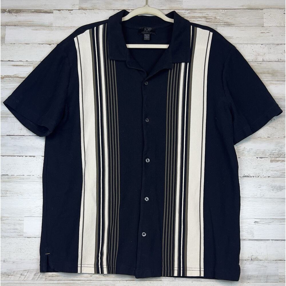 Magaschoni Men’s XL Navy White Striped Knit Button Shirt Short Sleeve Plisse XXL